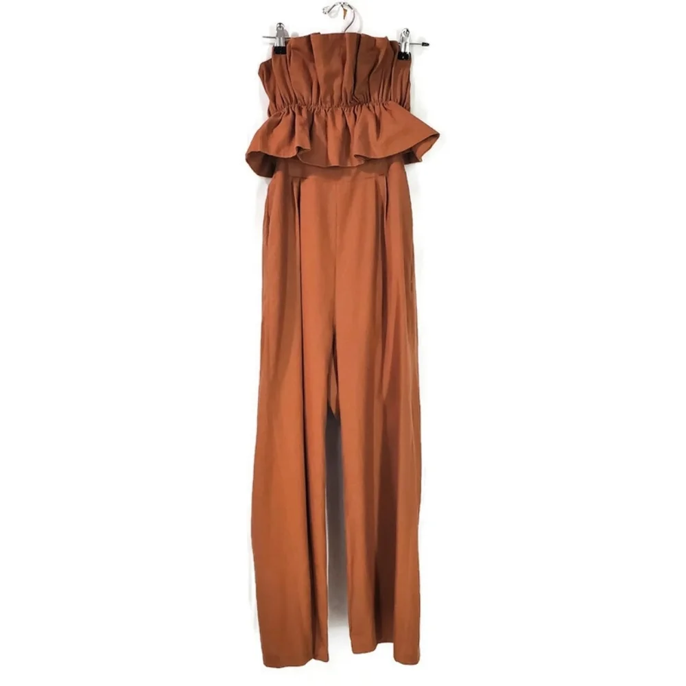 ASTR the label ruffle top jumpsuit linen cotton rust brown size S - Picture 8 of 14